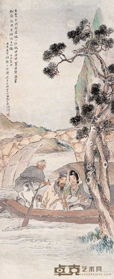 沈心海 乙丑（1925年）作 月夜风情图 轴 139×57cm